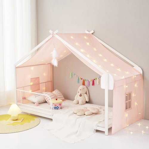 ZIQINPSQ House Bed Canopy for Girls & Boys, Nursery Montessori Floor Bed Curtains for Single Twin Size Bed Decorations (Pink)