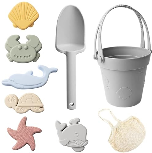 Otbushit 8PCS Sand Toys for Kids, Safe Silicone Beach Toys with Shovel Bucket and Sand Molds, Waterproof Grey Box for Travel Summer Outdoor