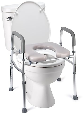 Rehausseur de Toilette Adulte avec Accoudoirs & Siège moelleux,Siège de toilette surélevé - Hauteur Réglable,Rehausseur WC Portable en Structure métal pour Personnes Âgées, Handicapés, Enceintes