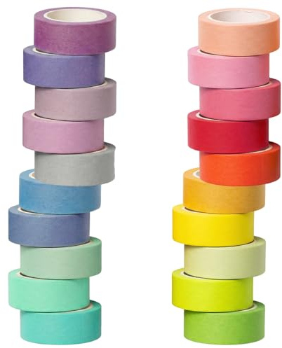 Omticova 20 Rolls Washi Paper Tape Sets, 15mm x 5m Rainbow Coloured Masking Tape, Sticky Craft Tapes for DIY Scrapbooking Crafts, Journal Decoration, Classroom Decorations, Art Lab