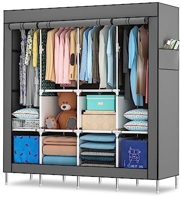 Mihoho Portable Wardrobe, 170 cm Closet for Hanging Clothes, Metal Clothing Rack Organizer, Free Standing Wardrobe with Black Oxford Fabric Cover, 165 cm x 170 cm x 45 cm (Grey, Extra Large)