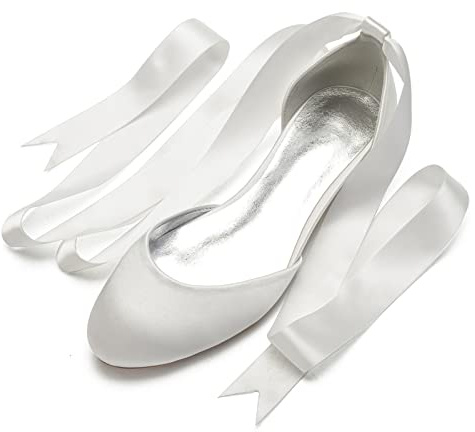ENWIND Chaussures Plates Femme Ballerines en Satin Bout Rond Chaussures De Mariée De Mariage avec Ruban Cravate