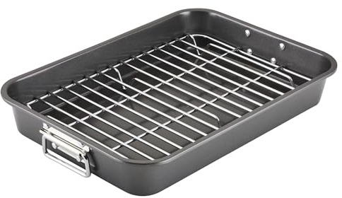 Farberware Bakeware Nonstick Steel Roaster with Flat Rack, 11-Inch x 15-Inch, Gray