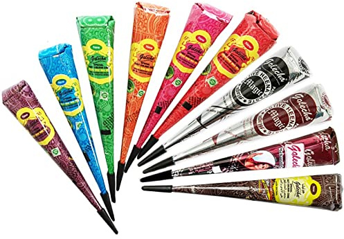 10x Golecha Natural Mehndi Cones (Multifarbe), NO MIX, klinisch getestet - Für Temporäre Bodyart Tattoo Design, 250g