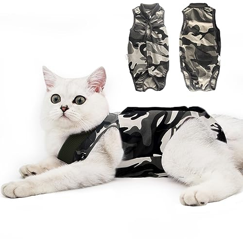 DOTON Cat Recovery Suit for Male and Female Surgical Post Surgery Soft Cone Onesie Shirt Clothes Neuter Licking Protective Diapers Outfit Cover Kitten Spay Collar(M, Camouflage)
