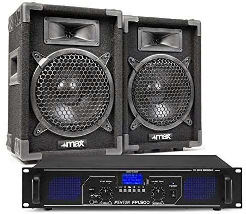 MAX8 DJ Lautsprecherset 400 Watt inklusive SPL800 Verstärker - 2X 8″ Passiv Boxen mit Bassreflex & Piezohorn, 35 mm Tophat, 2X 6,3 mm Klinke, Robustes Filzgehäuse, Party PA Anlage Komplettset