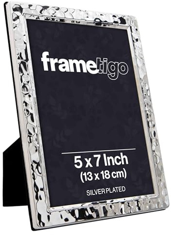 Frametigo - Silver Plated Narrow Hammered Photo Frame, 5x7 (13x18cm) | Landscape or Portrait Orientation, Velvet Frame Backing & Stand - Real Glass Window - Tarnish Resistant