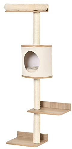 PawHut Cat Tree for Indoor Cats, Wall Mounted Cat Shelf w/Perch, Cat House, Scratching Post - Beige