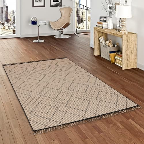 Pergamon Teppich Kurzflor Flachgewebe mit Fransen Jute Natur Ethno Style Teppich Origin Beige Schwarz Rauten in 5 Größen