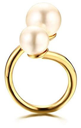 Anillo de compromiso de doble perla para mujeres y niñas, expandible, ajustable, gran bola de perlas de imitación, anillo abierto, chapado en oro de 18 quilates, anillos envolventes de acero