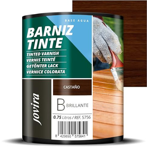 JOVIRA PINTURAS Barniz Tinte Brillante al Agua, acabado Brillo. Especial para teñir y barnizar maderas. (750 Mililitros, Castaño) E-39