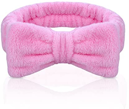 AOMIG Spa Headbands for Women, Fluffy Headband for Washing Face, Elastic Bowknot Hair Band, Microfiber Elastic Women & Girls' Head Band for Makeup, Shower, Sports(Pink)