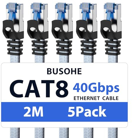 BUSOHE Cat 8 Cavo Ethernet 2m (5 Pezzi), ​​Cavo di Rete LAN Gigabit RJ45 Piatto ad Alta Velocità, Cavo Patch Internet 40Gbps 2000Mhz Compatibile con PC, Laptop, Router, Modem
