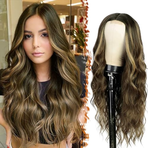 BARSDAR Lange Wellig Blond Highlight Perücke, 66cm Mittelscheitel Lockige Wellig Balayage Perücke Natürliche Hitzebeständig Synthetische Perücke für Frauen Tägliche Party (Braun Mischen Blond)