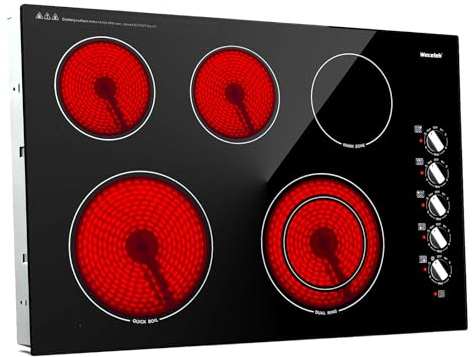 30 Inch Electric Cooktop, 5 Burners Built-in Cooktop, 7300W Knob Control Electric Stove Top with 11 Power Levels, Safety Lock, Dual Ring, Heat Retention Function, Hot Surface Indicator