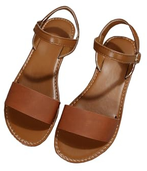 Verdusa Women's One Band Ankle Strap Flat Sandals Open Toe Walking Shoes Brown 9.5