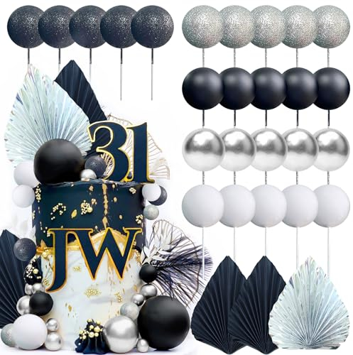 JeVenis Black Sliver Balls Cake Decoration Silver Palm Leaves Cake Decoration Goth Black Cake Topper for Birthday Wedding Baby Shower Bridal Shower