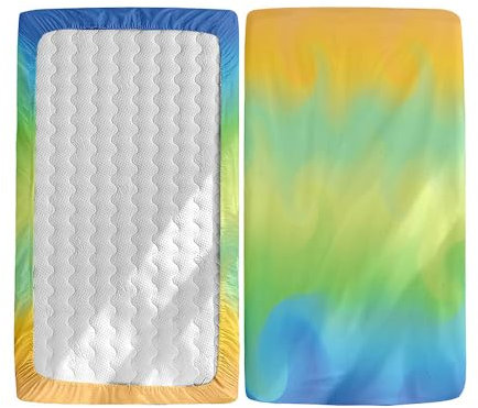 Hiseng 2 Stück Baby Spannbettlaken Bettlaken für Oval & Eckige Matratzen, Weiche Mikrofaser Spannbettlaken Kinderwagen Matratzenschoner für Beistellbett & Kinderwagen (gelb blau grün,40x90cm)