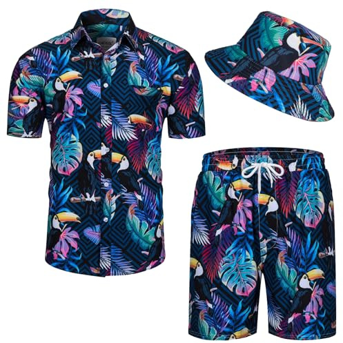 Angenster Lot de 3 chemises hawaïennes pour homme - Tenue de festival hawaïenne pour homme - Avec chapeau de pêcheur - Chemise hawaïenne - Chemise d'été pour homme - Chemise de plage florale - Sans