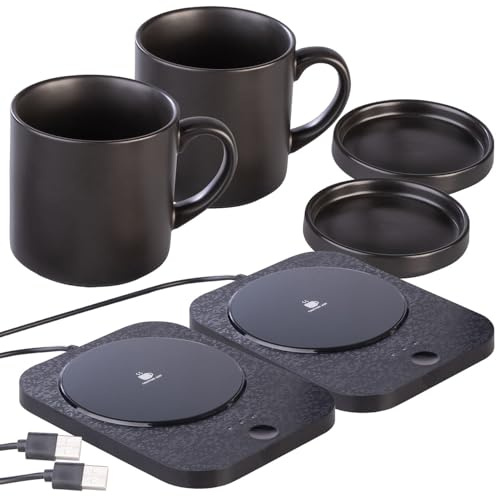 PEARL Tassenwärmer mit Tasse: 2er-Set 2in1-USB-Tassenwärmer m. Qi-kompatibler Ladestation, 15W (USB mit Tasse, mit Ladefunktion, Camping Wasserkocher)