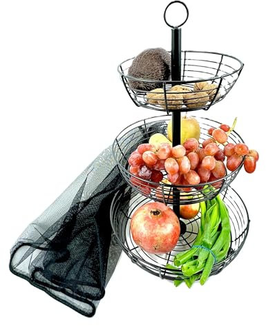 Auroni Etagere 3 stöckig mit Insekten-Schutz-Netz schwarz matt mit großen runden Obstteller zur Präsentation von Obst stilvoller Obstkorb 3- stöckige Obstschale H=47 cm D= 29 cm