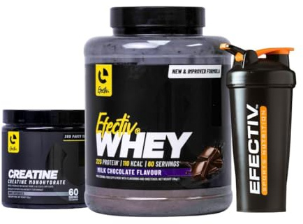 EFECTIV Protein Bundle - 1.8kg Protein Powder, 300g Creatine Monohydrate & Shaker Bottle - 22g Protein Per Serving, Supports Recovery, Whey Nutrition Protein (1.8kg, Milky Choc)