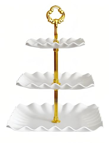 Alzatina per Dolci 3 Piani - Vassoi per Torte e Frutta in Plastica Bianca - Porta Caramelle da Tavolo - Alzata per dessert per Buffet Matrimoni Compleanni