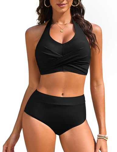 Vijamiy Bikini dam set hög midja mage väg baddräkt tvådelad sexig v-ringad push-up bikini nackhållare badmode stora storlekar strand pool, svart, M
