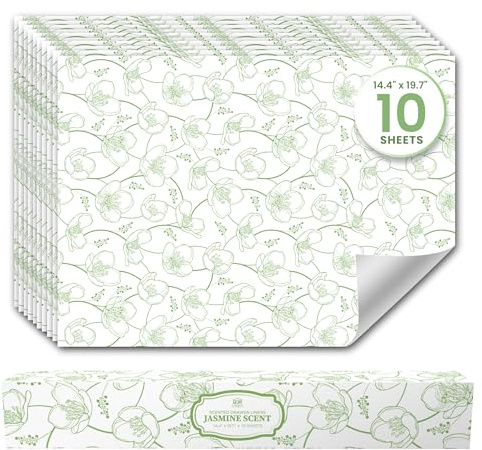 Jasmine Scented Drawer Liners (10 Large Sheets, 50cm x 36.5cm) - Non Adhesive Drawer Fresheners & Lining Paper for Drawers, Bedroom & Wardrobe Shelves - Drawer Liners Scented for Clothes