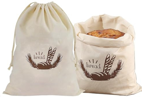 Dryxog 2 Pezzi Sacchetto Pane Riutilizzabile Stoffa per il Pane Sacchetto Lino Tasche con Coulisse Portapane Sacchetti Cotone Borsa Pieghevole per Prodotti Forno Frutta Verdura Salva Freschezza