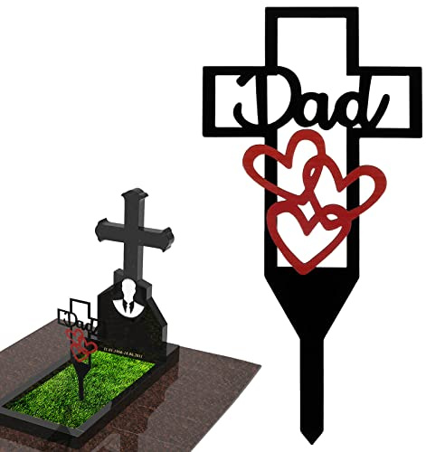 30 x 15 cm - Croix funéraire en métal - Cimetière - Décoration - Mémorial - Ne se décolore pas - Rouille - Pour parents - Cadeau commémoratif (trois cœurs rouges)