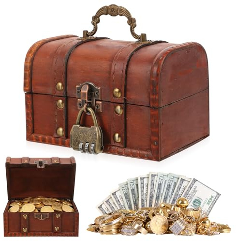 MFUSUL Holz Schatztruhe mit Zahlenschloss Vintage Aufbewahrung Schatzkiste Holz mit Schloss Aufbewahrung Dekoration Schatzsuche