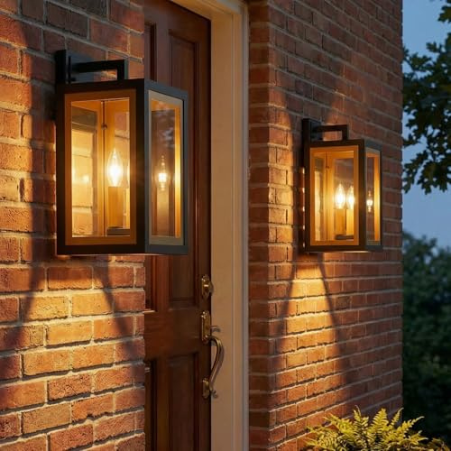 mirrea 16-inch Outdoor Porch Wall Light for House, Waterproof Exterior Sconce for Patio, Wall Mount Lighting Fixture for Front Door, Black and Gold Rectangle, Clear Glass, Set of 2