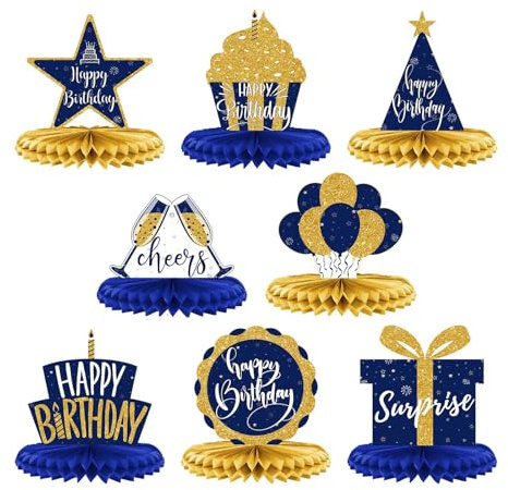 Bubaxuce 8 Pezzi Blu Oro Felice Compleanno Decorazioni da Tavola Felicità Nido d'Ape Centrotavola Scintillanti Tovaglie Blu E Oro Addobbi Festa per Uomini E