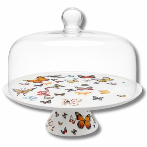 LEONARDO LUXURY HOME DESIGN Alzata Torta Porcellana Bianca Ø 31 cm con Cupola Vetro Decorazione Farfalle Piatto Porta Dolci con Campana Ideale Crostate Biscotti Dessert (Decorazione Farfalle Grande)