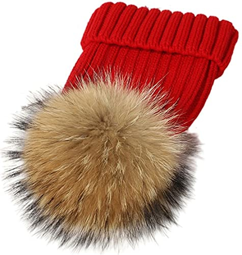 Feifanshop - Gorro de lana para mujer con pompón de pelo auténtico, para invierno rojo Talla única