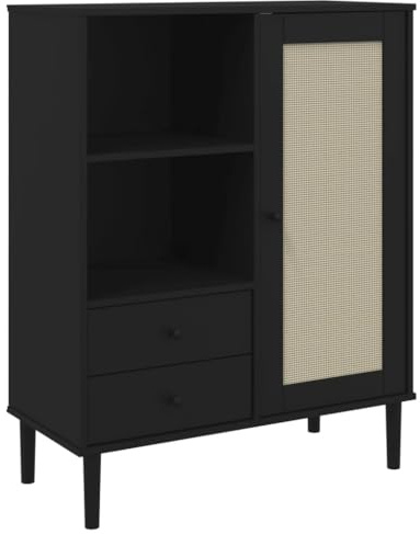WEMYUFURN Black Highboard with Rattan Look Surface, 7 Compartments Including 2 Drawers, Solid Pine Wood and Engineered Wood Construction for Living Room Storage