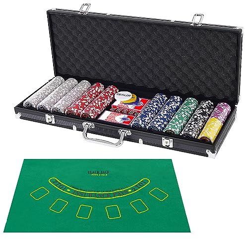COSTWAY 500 Laser-Chips Pokerset, Poker Komplett Set mit Chips, 2 Spielkarten, 5 Würfel, 3 Händler-Chips und Tischtuch, Kasino Pokerkoffer Aluminium mit 2 Schlüsseln (Schwarz)