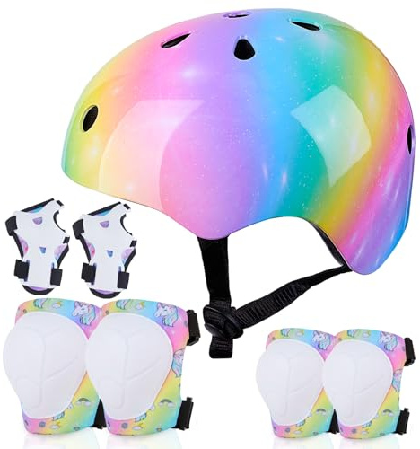 FIODAY Kids Helmet Knee Pads for Kids Unicorn Knee and Elbow Pads Wrist Guards Adjustable Protective Gear Set for Girls Boys Sports Skateboard Inline Skating Scooter, Rainbow, 3-8 Years