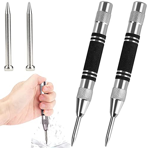 2 Pack CTDMJ Spring Loaded Adjustable Positioning Punch Drilling Holes 5 Inches Spring Loaded Center Hole Punch for Metal Wood Window Glass, with 2 Replacement Tips