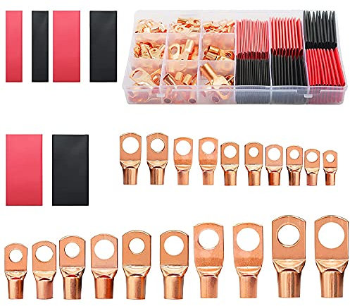 Sahkgye 150 Pezzi Connettori Terminali in Rame, AWG 2 4 6 8 10 12 Kit di Capocorda ad con 70 Pezzi TermoreTracciabili 80 Pezzi Capocorda Batteria