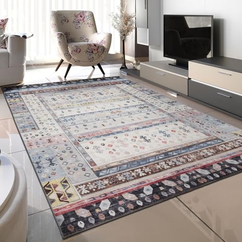 TALETA Teppich Wohnzimmer waschbarer Orientteppich Vintage, Rutschfester Teppich für Schlafzimmer, Küchen, Esszimmer, blau, 120 x 170 cm