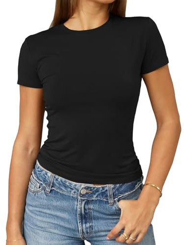 Abardsion Women's Casual Basic Going Out Crop Tops Slim Fit Short Sleeve Crew Neck Tight T Shirts 2026 (Black, M)