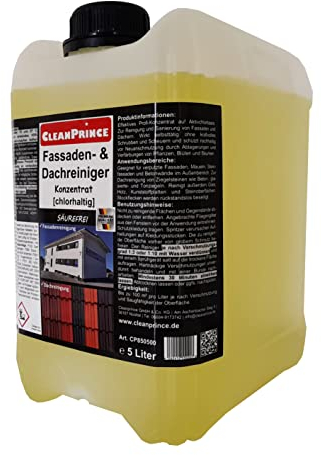 5 Liter Kanister CleanPrince Fassaden- und Dach Reiniger chlorhaltig | säurefrei aufhellend für Dächer Fassaden Putz Wände Steine Beton Reinigungsmittel Konzentrat