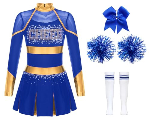 Yruioon Disfraz de animadora de manga larga para niña, 4 unidades, con pompones, calcetines, cinta para el pelo, vestido de baile, Halloween, carnaval, carnaval, disfraz Ba azul 146-152