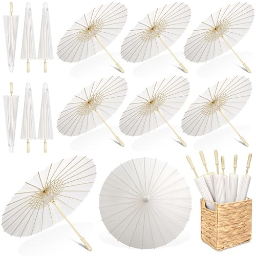 Aodaer 12 Pieces Wedding Paper Umbrella 23.6 Inch White Paper Decorative Chinese Japanese Parasol Umbrella Crafts Vintage DIY Painting Decor Wedding Favor for Photography Props Bridal Party