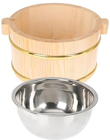 TOPBATHY Secchio in Legno Naturale Per Riso Sushi Contenitore Interno in Inossidabile Scodella Multiuso Per Insalate e Servizio in Cucina Domestica e Ristorazione
