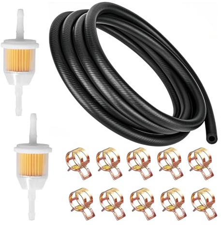 Bensinslang bränsleledning Ø 6 mm x 2 meter set, innehåller 2 m bränsleledning 6 mm, 2 stycken bensinfilter och 10 bensinslangklämmor, bensinslangar för gräsklippare, bil, traktor, liten M