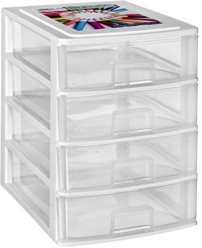 Schubladenbox DIN A4 mit 4 Schubladen 35,5x26,5x35 cm - Weiss-transparent Kunststoff Drawer Tower Box Organizer für Schreibtisch Easy-Pull-System