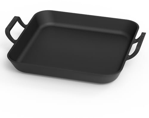 onlyfire Rectangular Grill Pan with Handles, Cast Iron Skillet, BBQ Griddle Pan for Gas Grill, Charcoal Grill and Most Ovens, 31.5 * 31.5 * 3.8 cm